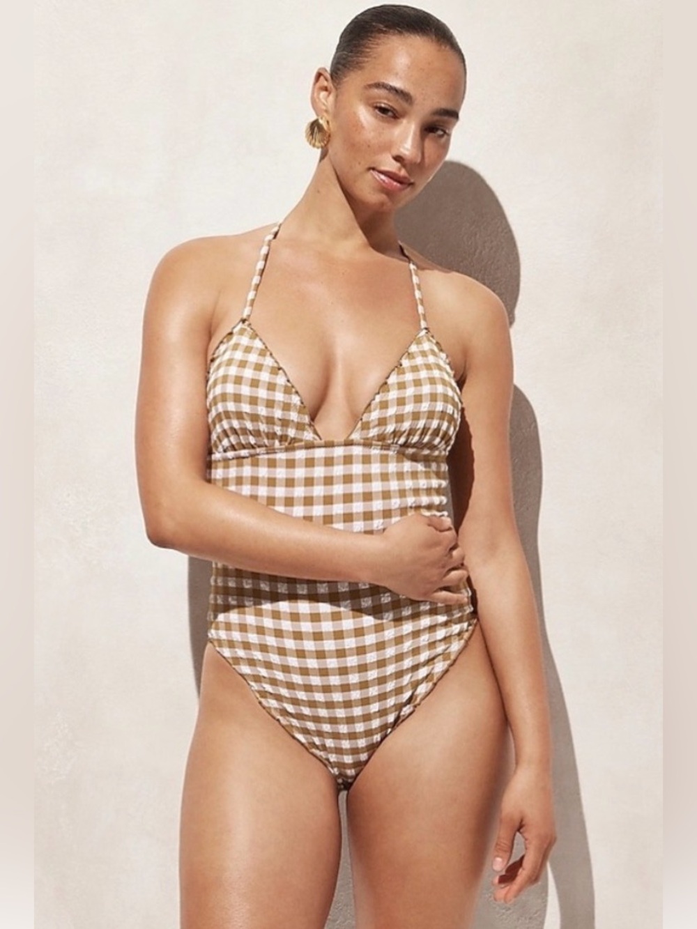 J.Crew Ruched Plunge One-Piece Halter Swimsuit in Gingham size 8
